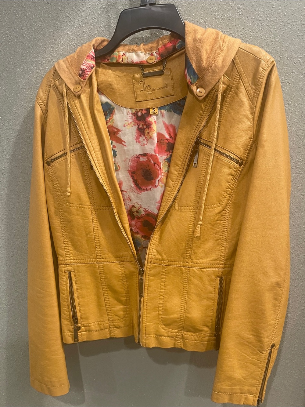 Democracy Mustard Hooded Leather Jacket with Floral Lining